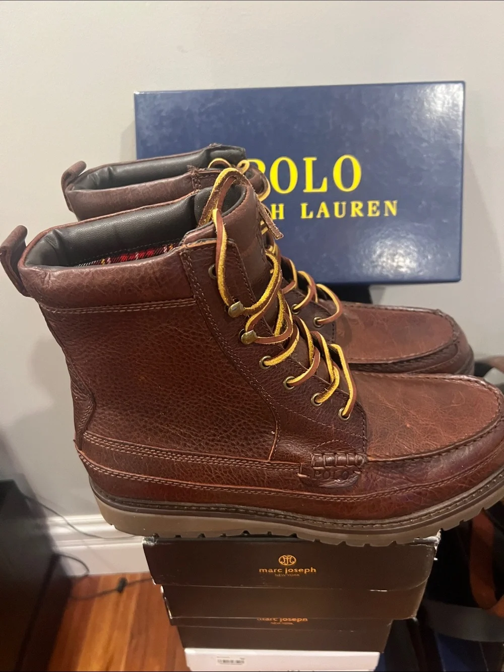 Polo by Ralph Lauren Men’s Willingcott Brown Leather Moc Toe Lace-Up Work Boots